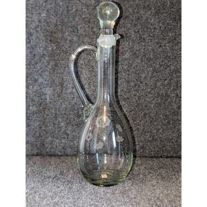 Vintage Made in Peru Floral Etched Glass Tall Decanter W/ Stopper